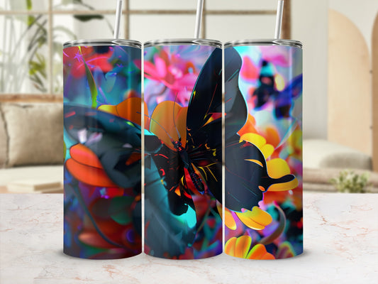 Three tumblers featuring colorful abstract butterfly wings and floral patterns.
