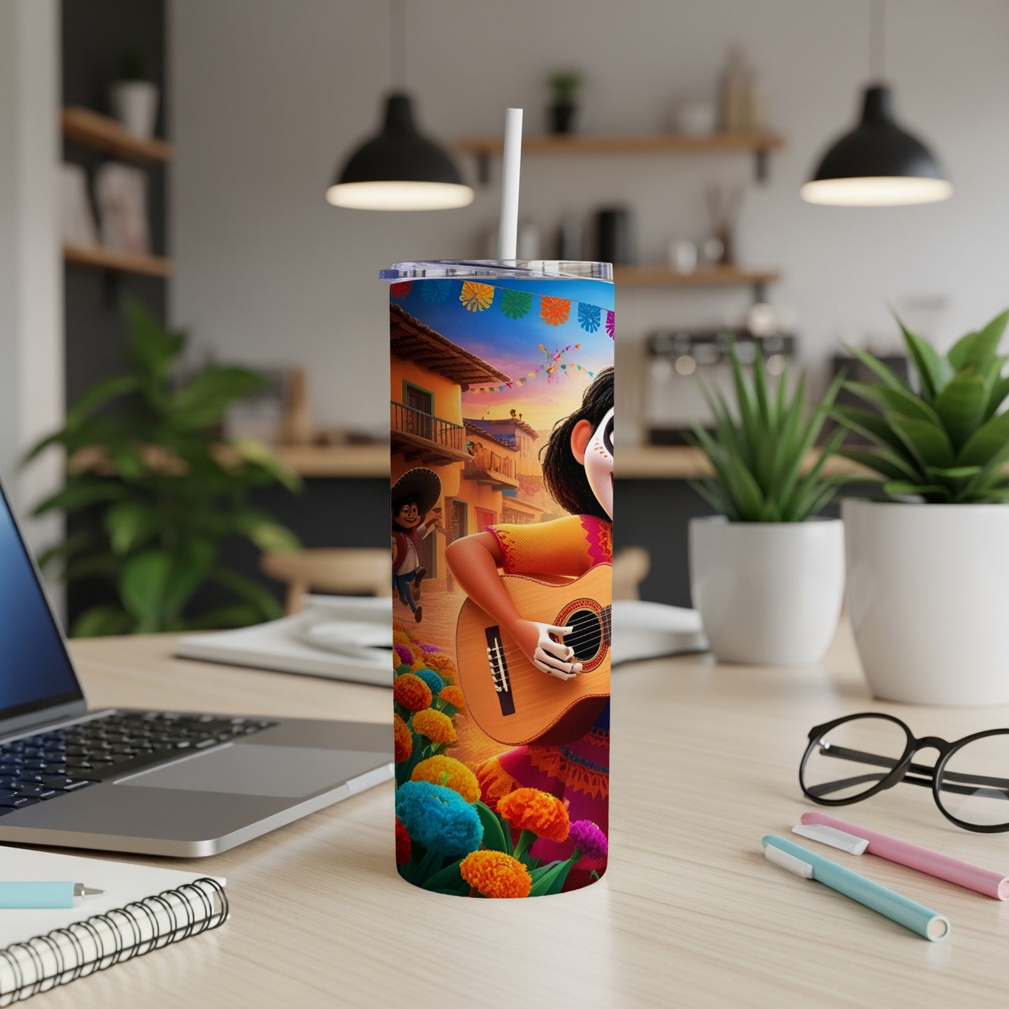 Tumbler with woman playing guitar, colorful flowers, and festive banners.