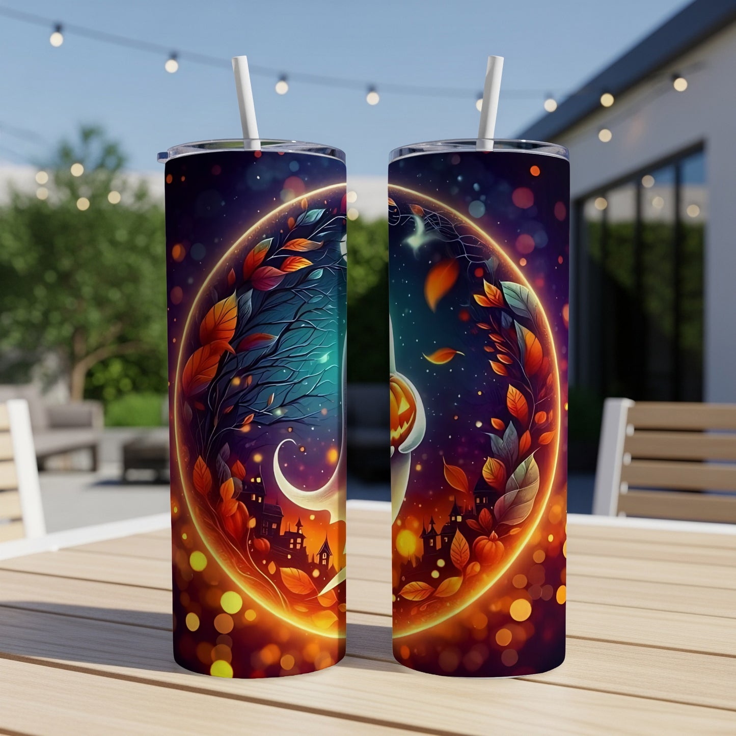 Two tumblers with a Halloween-themed design of a crescent moon, autumn leaves, and spooky houses.