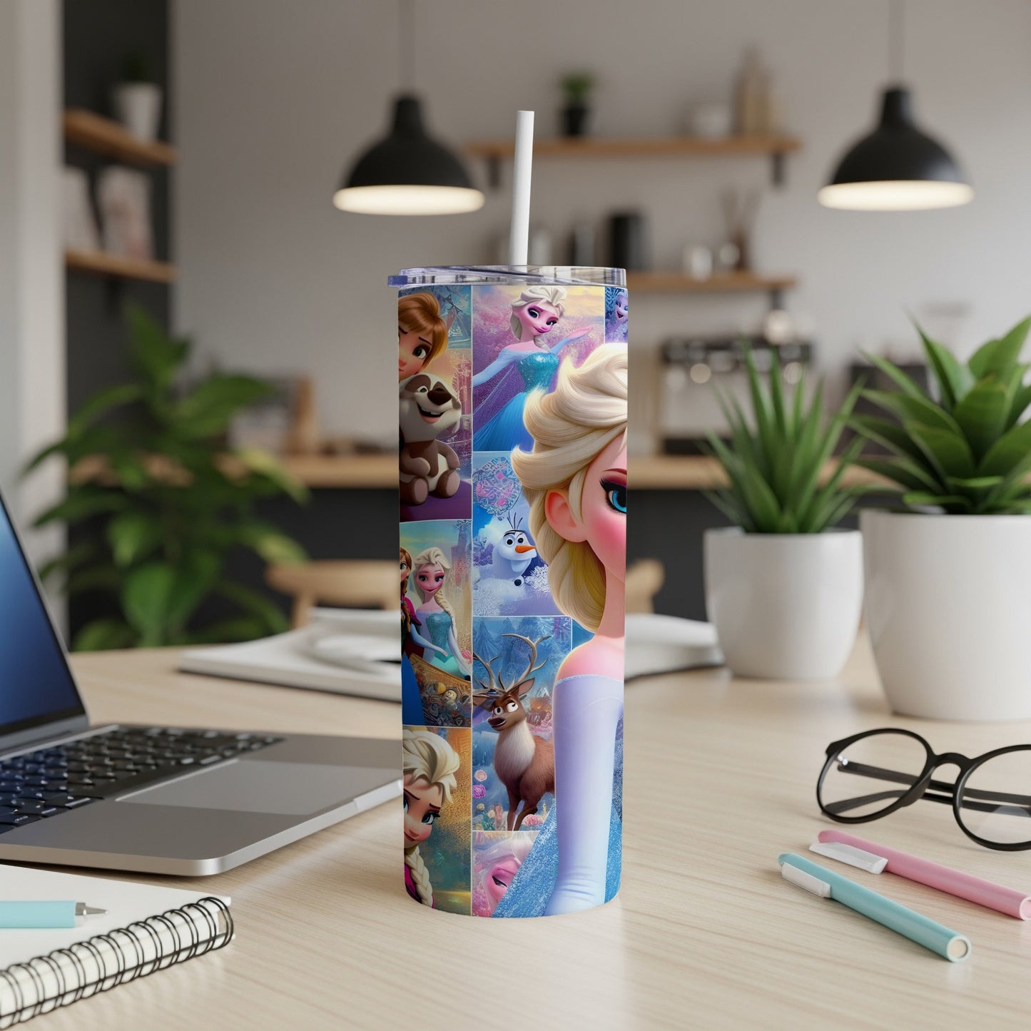 Frozen characters collage on a white tumbler with straw.