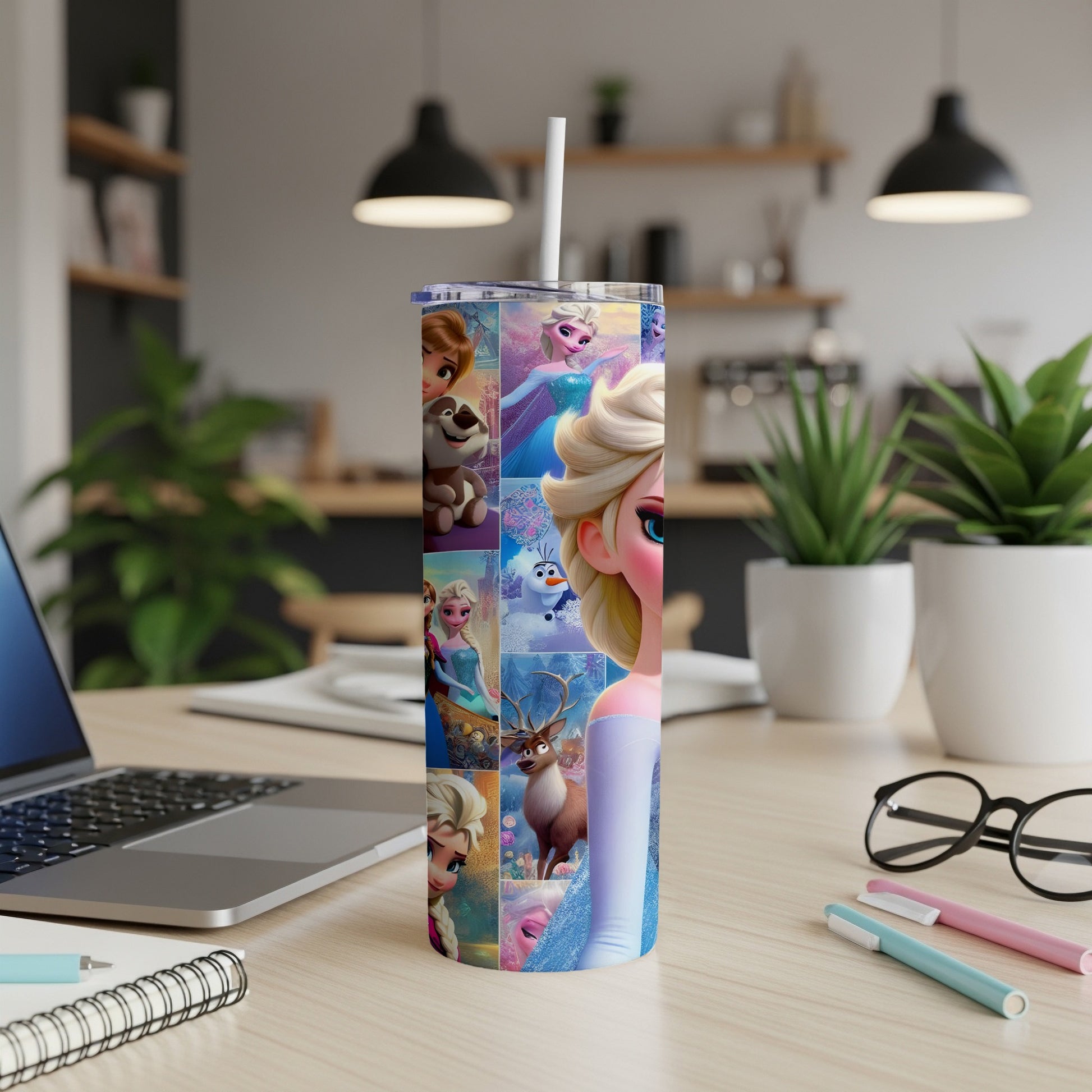 Frozen characters collage on a white tumbler with straw.