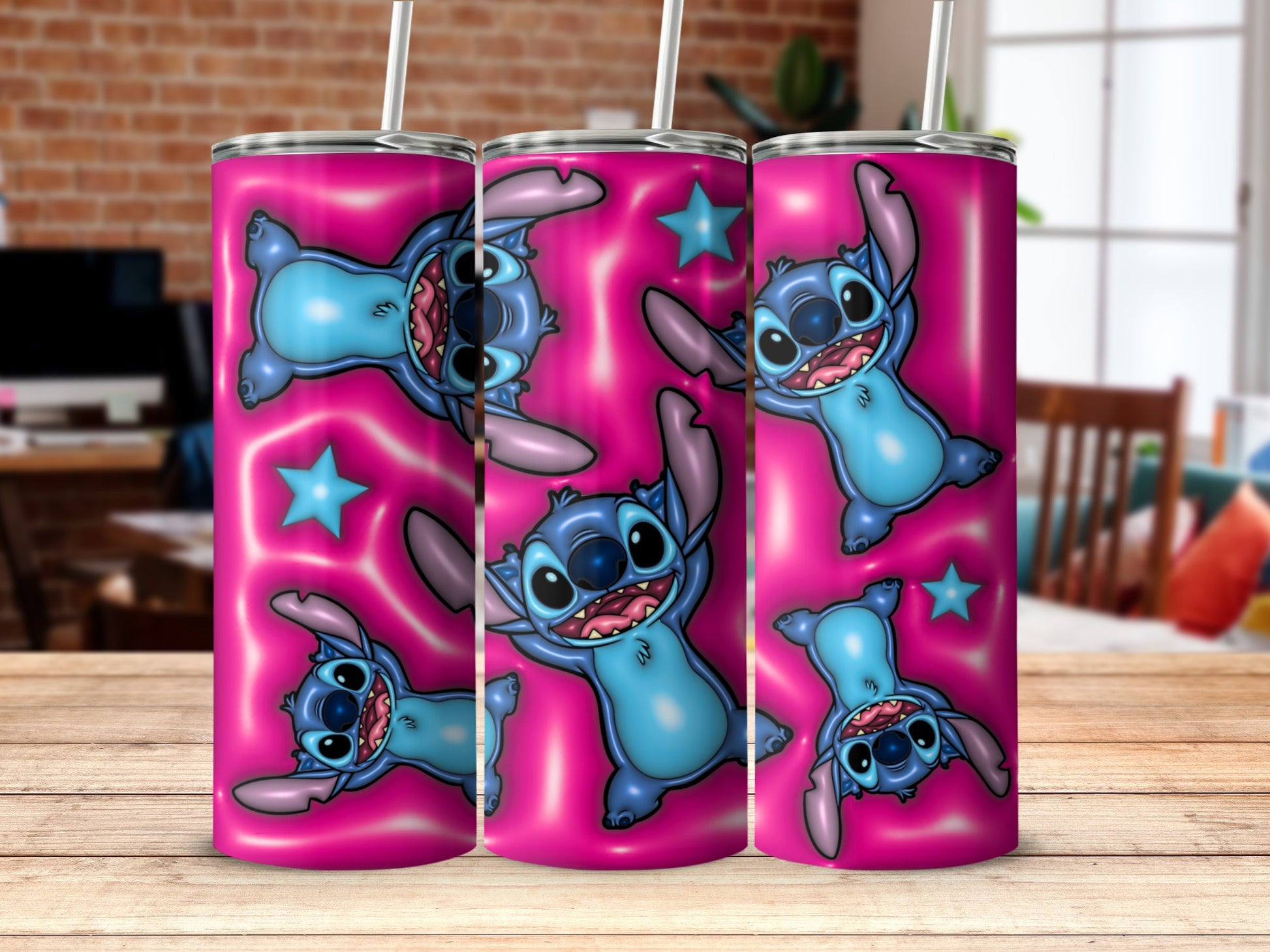 Cute Blue Alien and Stars Pink Background Tumbler