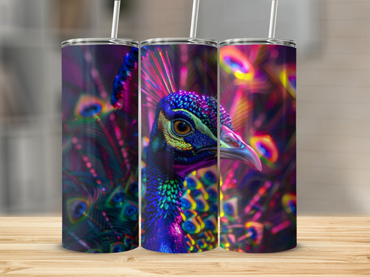Three tumblers featuring a colorful peacock design.