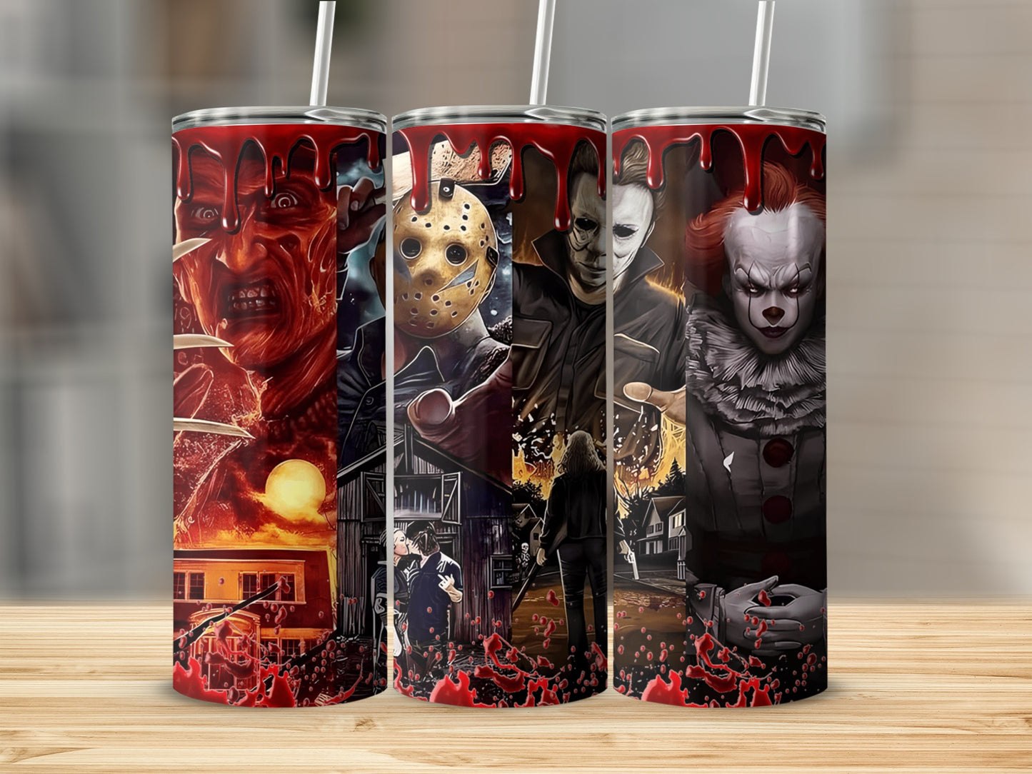 Horror villains Freddy, Jason, Michael Myers, and Pennywise on red tumblers.