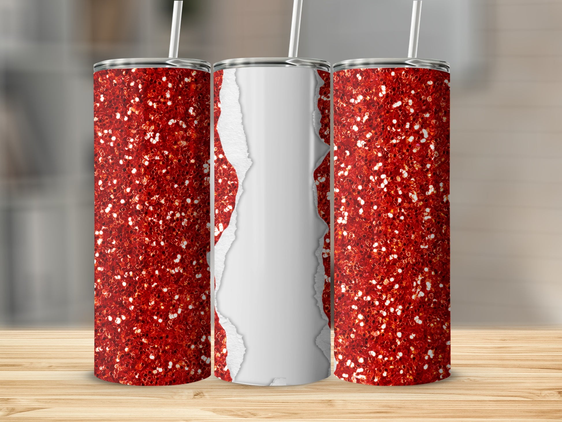 Three glitter tumblers with torn paper effect and straw.