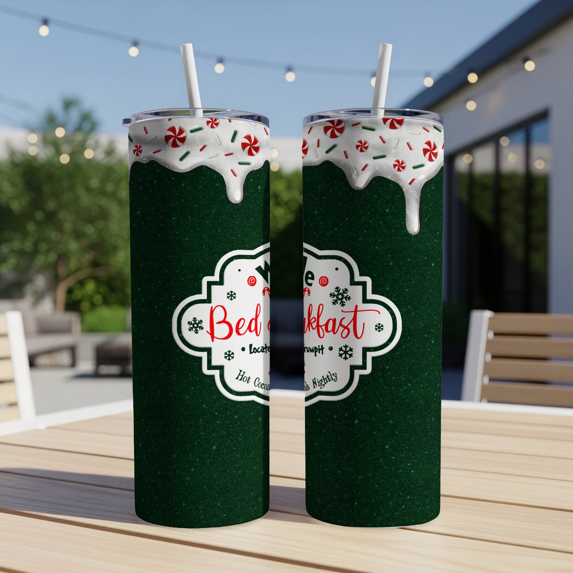 Green tumbler with snowflake, candy cane, and "Bed & Breakfast" design.