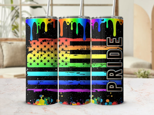 Pride flag tumbler with rainbow drips and colorful paint splatters.