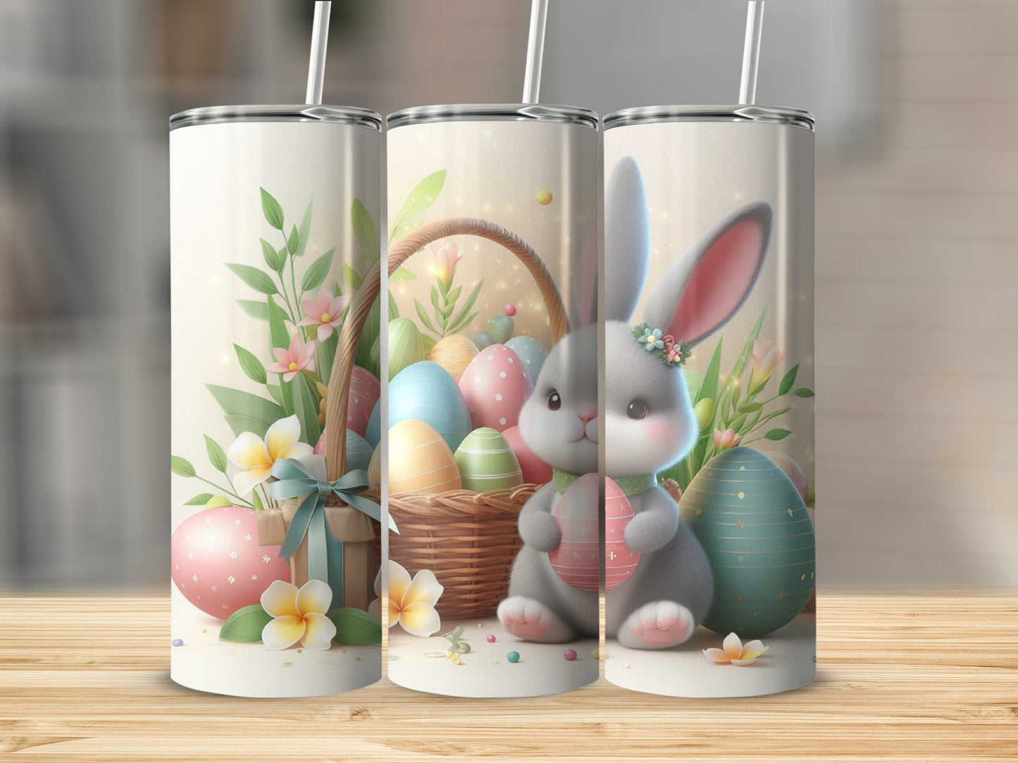 Easter bunny with basket of painted eggs and flowers.