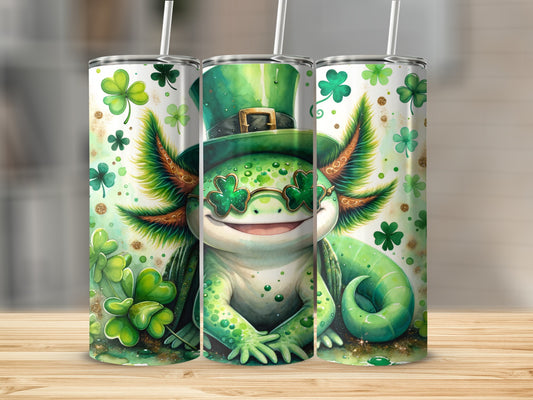 St. Patrick's Day axolotl with shamrocks and glitter.