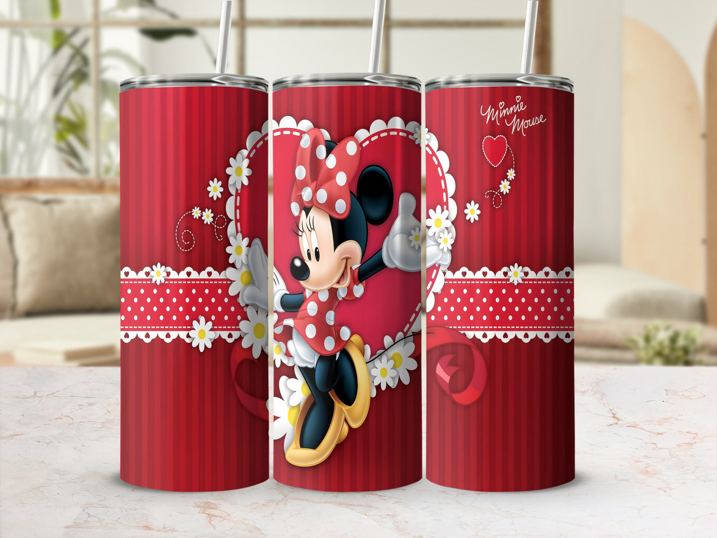 Minnie Mouse in red dress on striped tumbler with hearts and flowers.