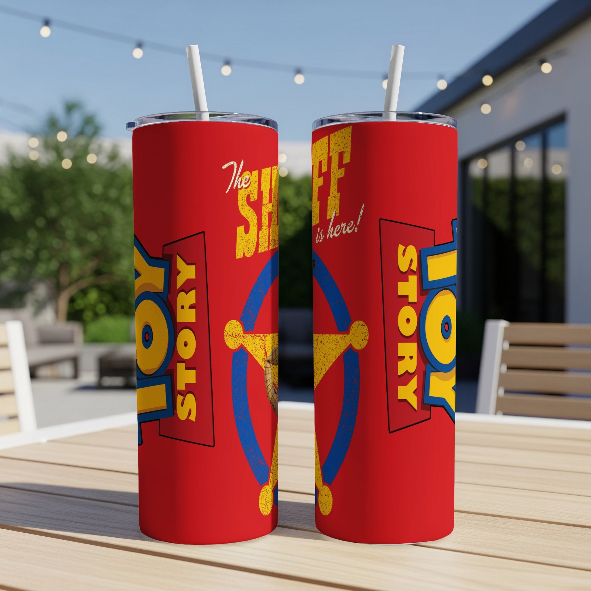 Toy Story tumbler with "The Sheriff is here!" text and sheriff badge.