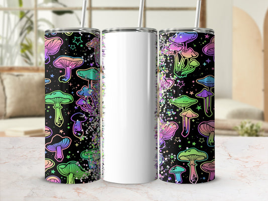 Black tumbler with colorful, glittery mushrooms and stars pattern.