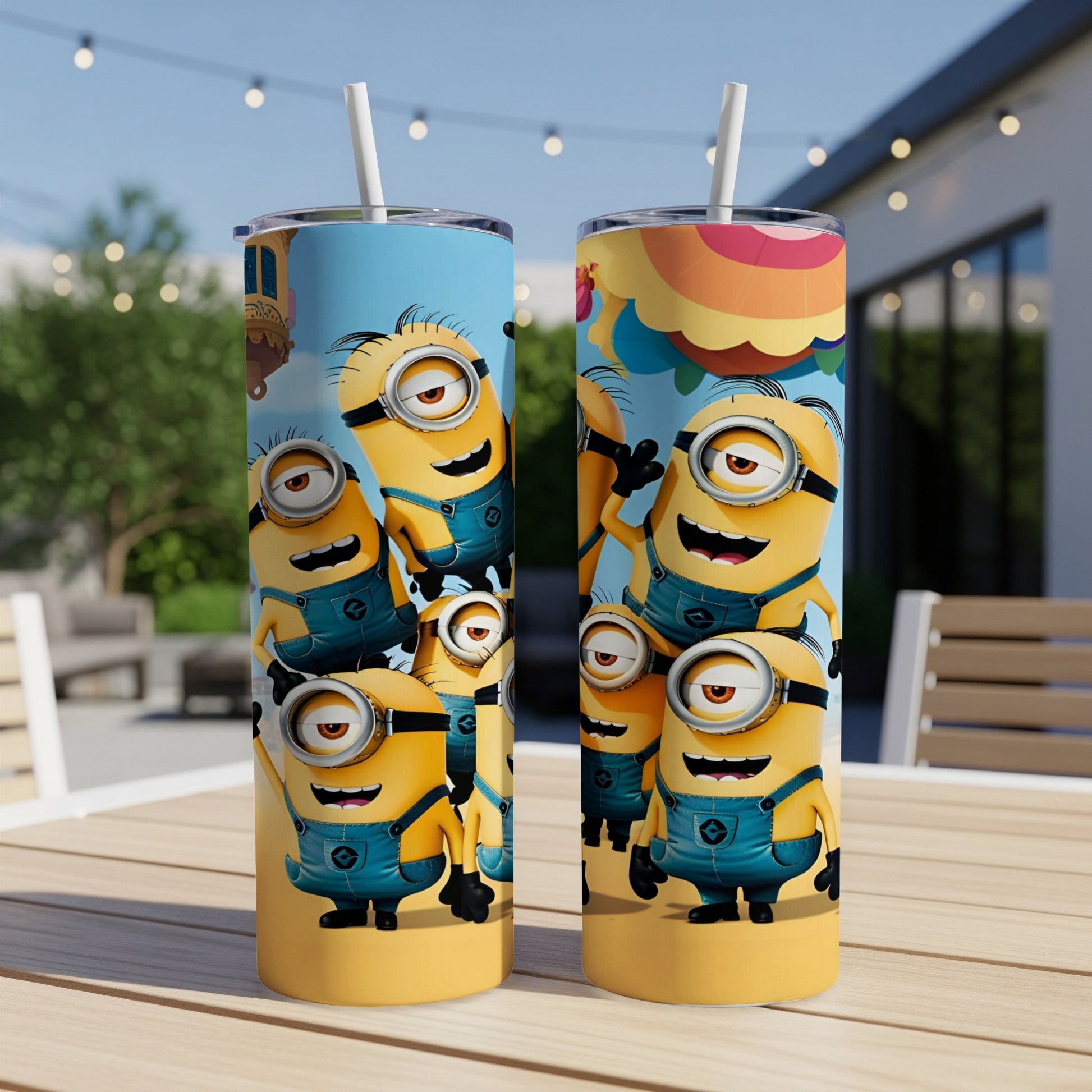 Minions in overalls on a yellow tumbler with a straw.