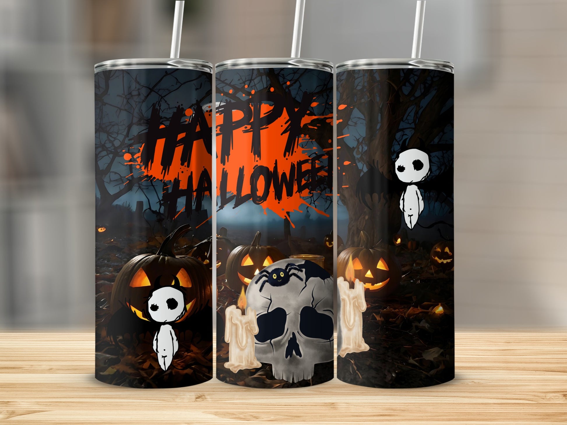 Three tumblers with Halloween theme: "Happy Halloween" text, pumpkins, skull, spider, and ghosts.