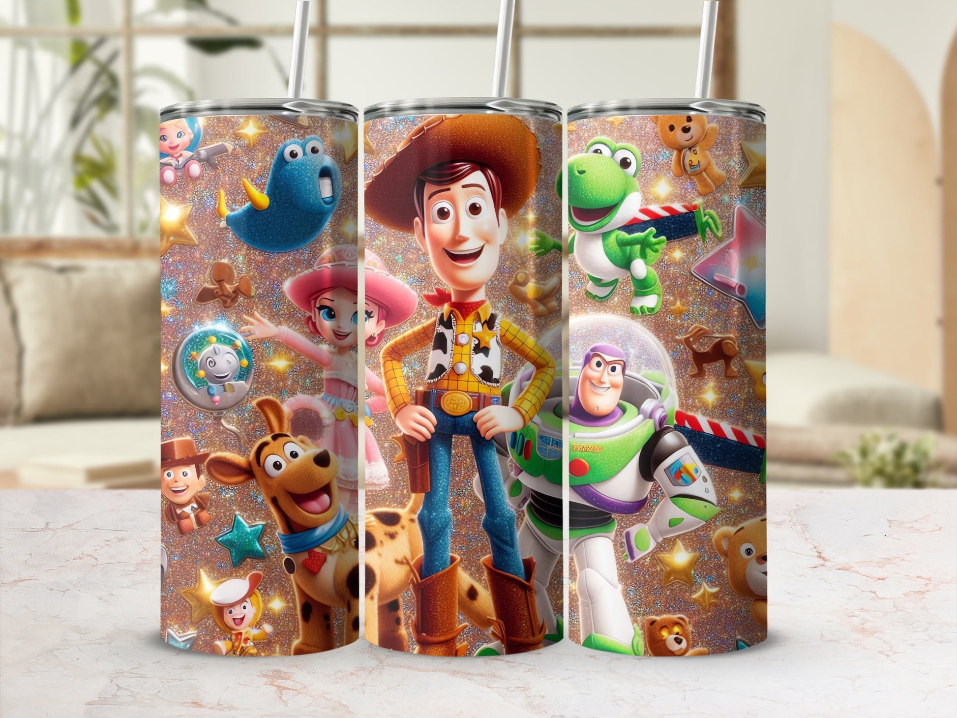 Glittery Toy Characters Design Insulated Tumbler