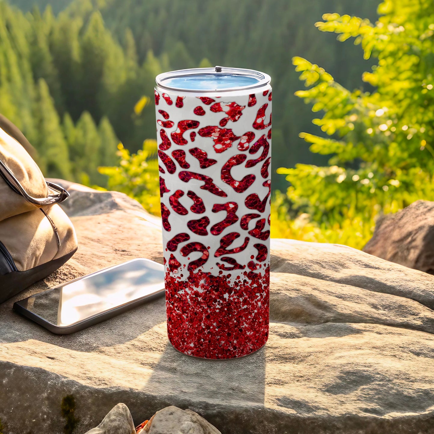 Red Sparkle Cheetah Pattern Travel Tumbler for Outdoor Use