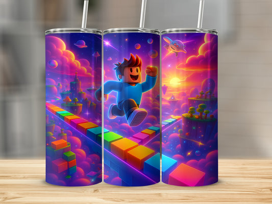 Vibrant Gaming Character and Rainbow Path Tumbler