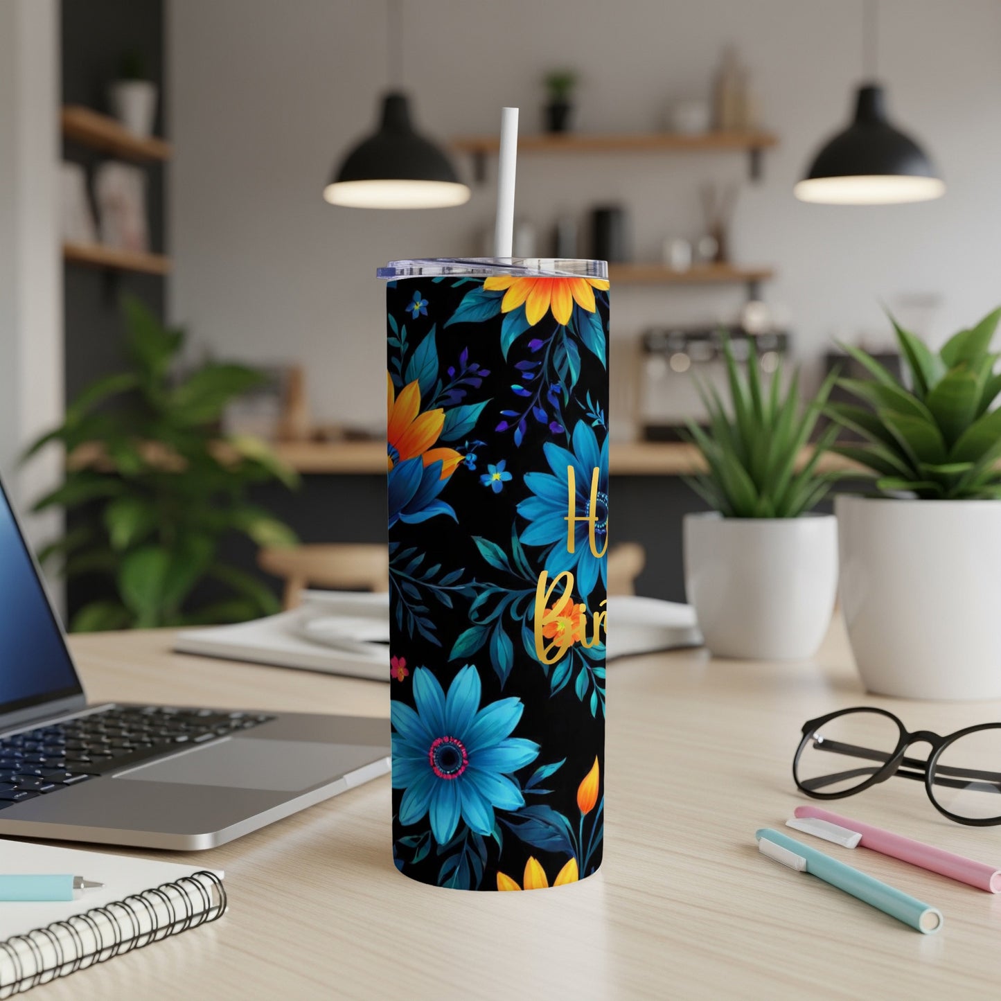 Tumbler with floral pattern and "Happy Birthday" text.