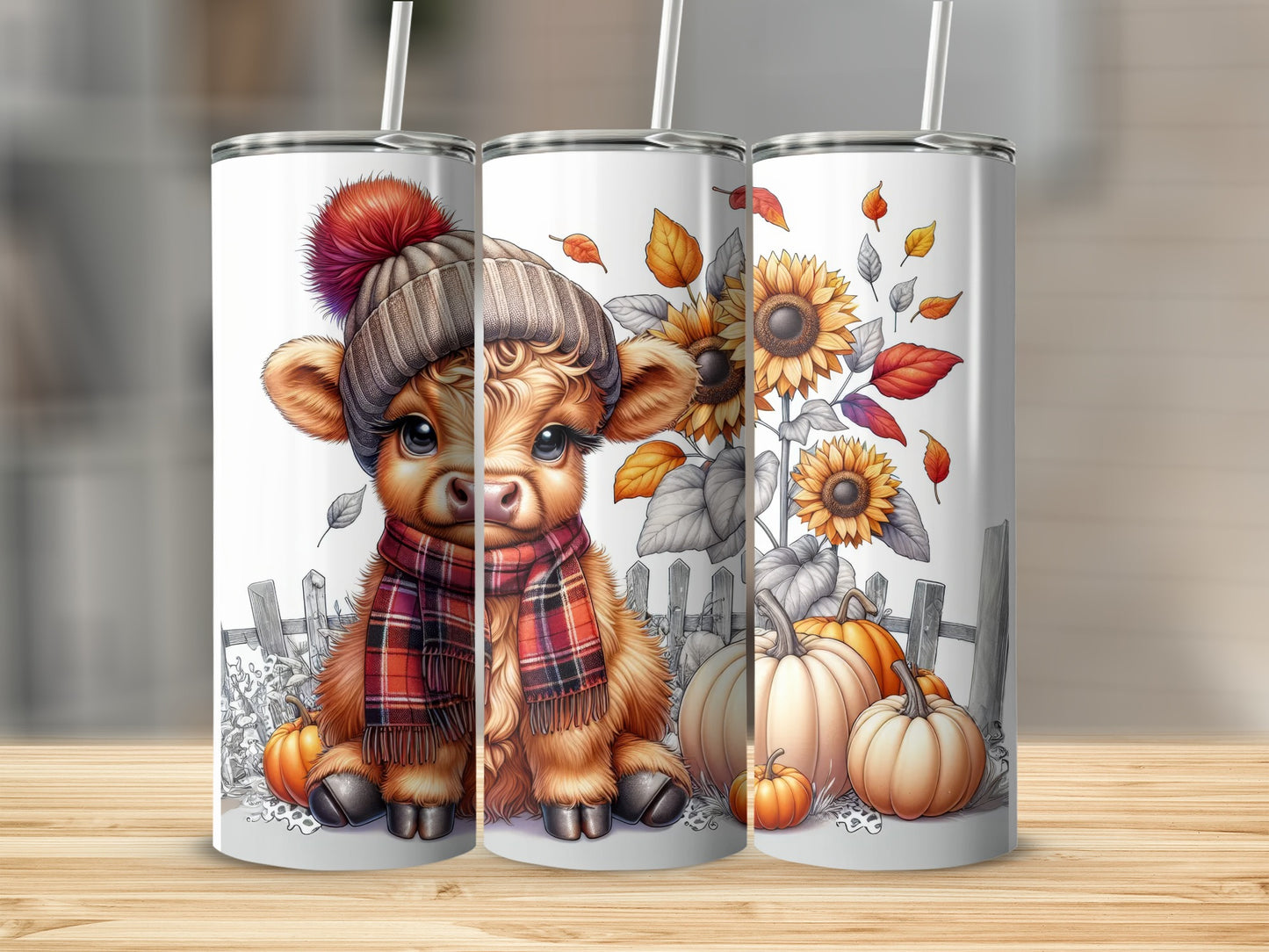 Cute cartoon calf wearing a winter hat and scarf with pumpkins and sunflowers.