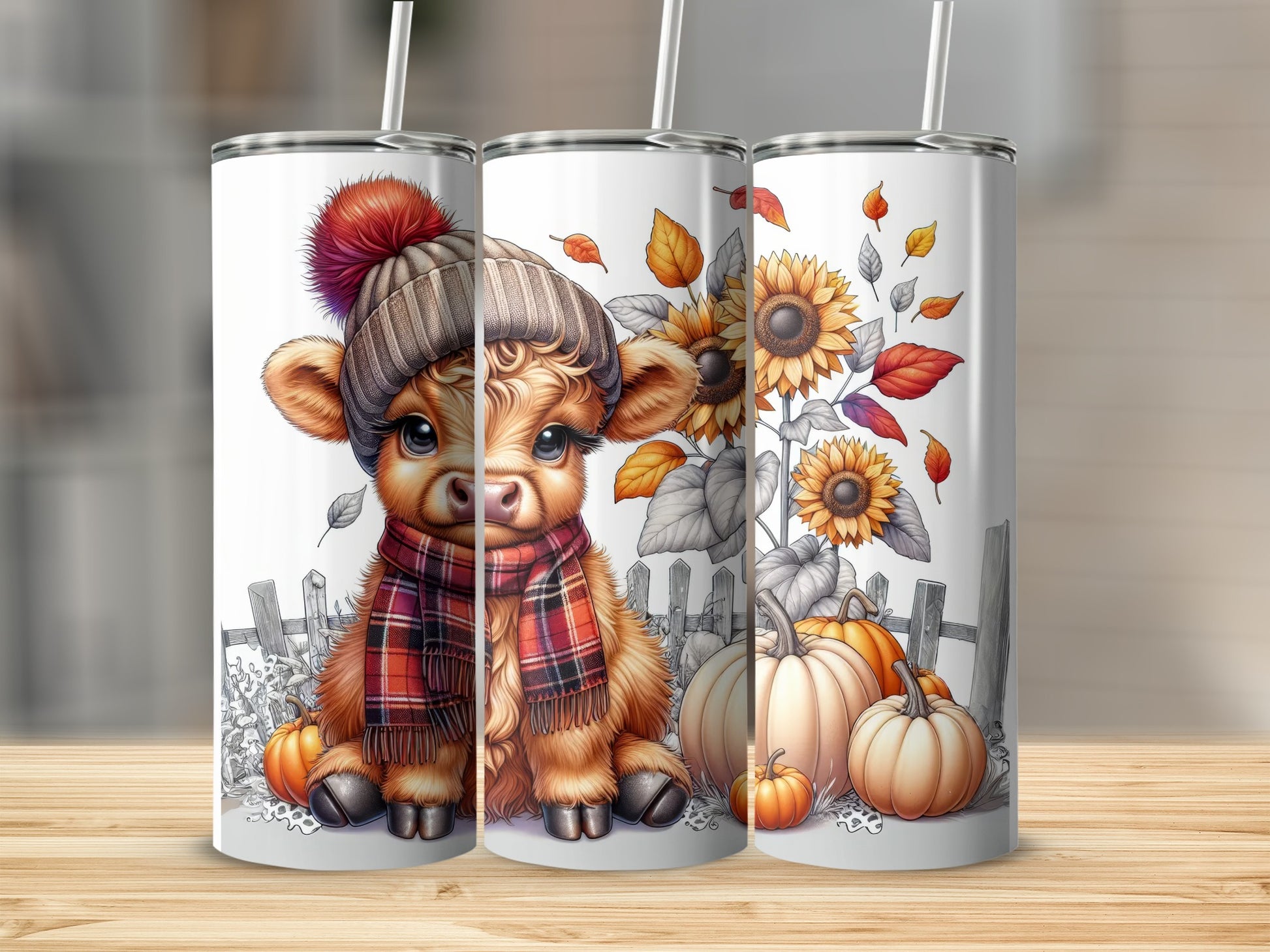 Cute cartoon calf wearing a winter hat and scarf with pumpkins and sunflowers.