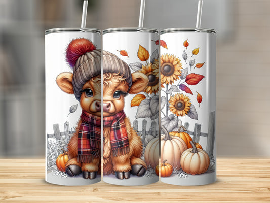 Cute cartoon calf wearing a winter hat and scarf with pumpkins and sunflowers.