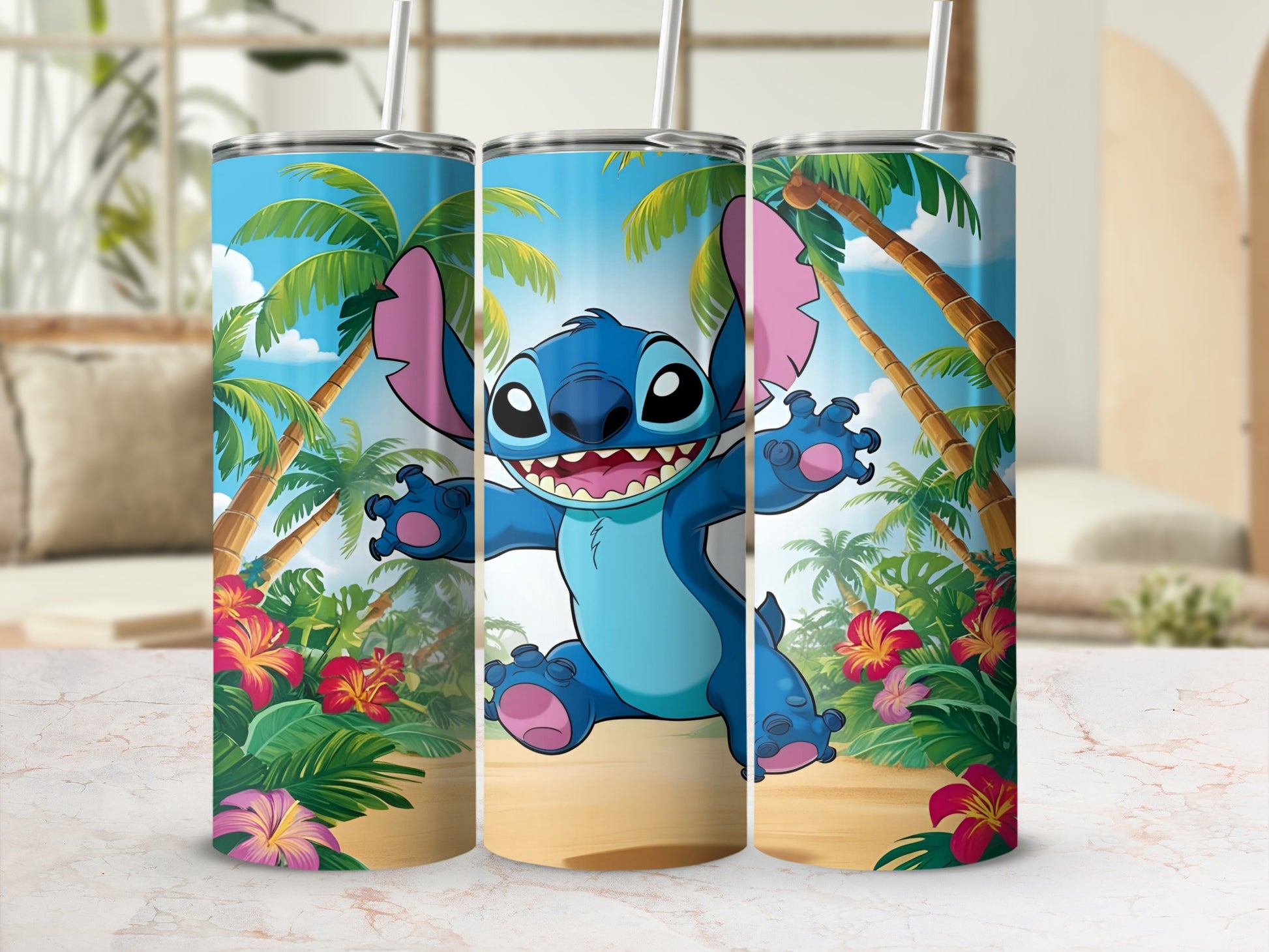 Blue alien character Stitch jumping joyfully in front of palm trees and tropical flowers.