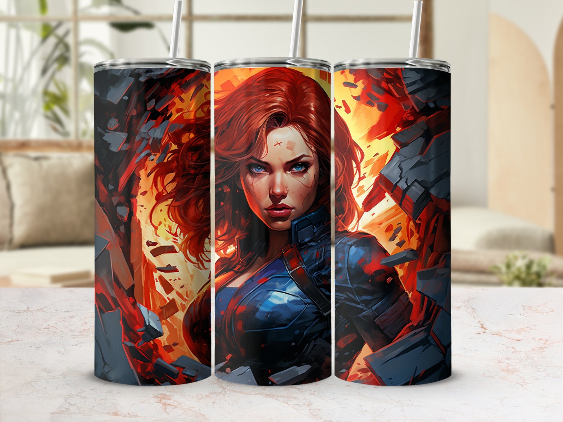 Fiery Redheaded Warrior Themed Tumbler with Straw