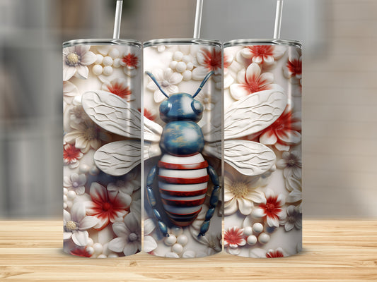 Bee with red, white, and blue stripes surrounded by embossed flowers.