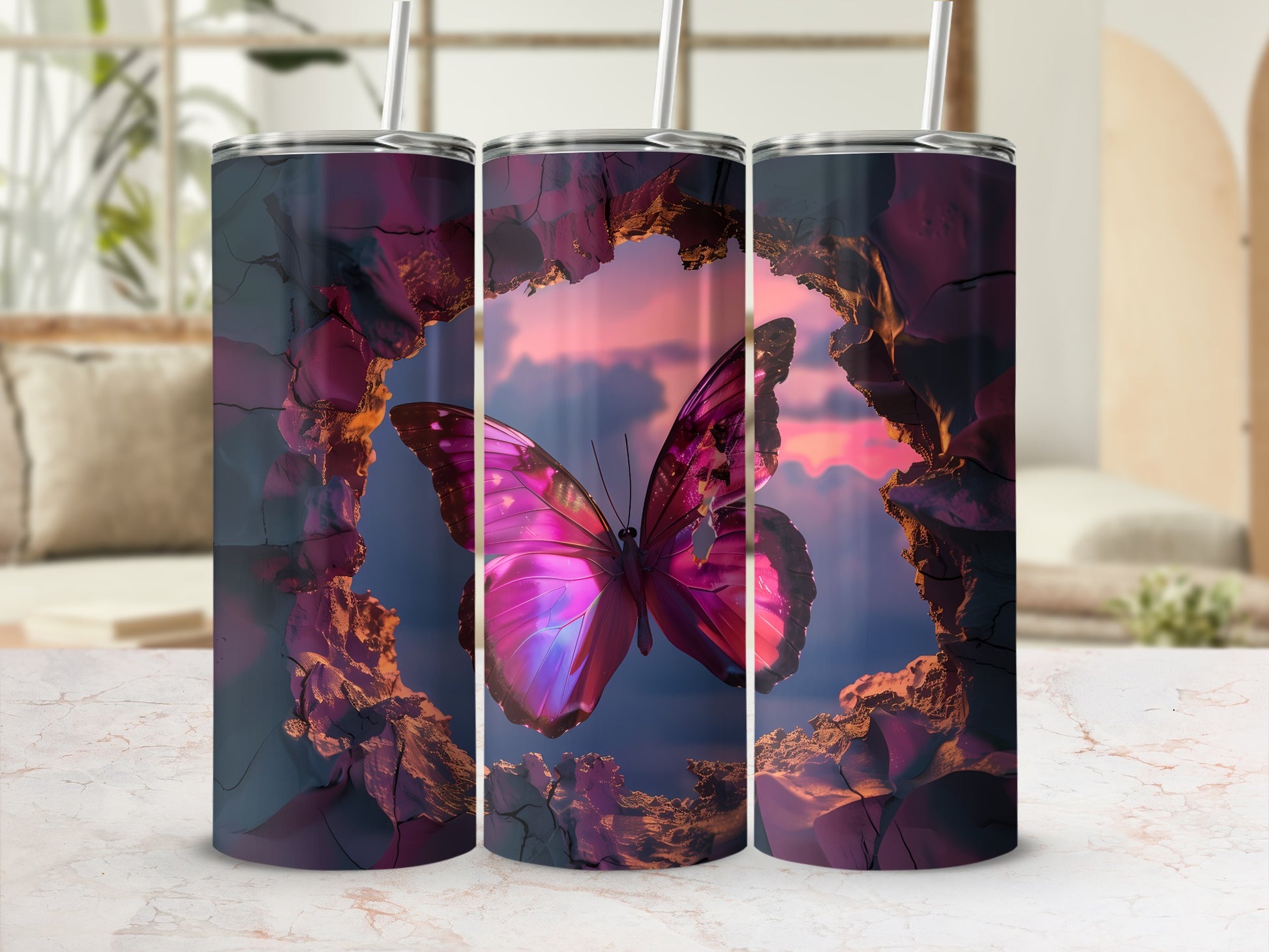 Tumbler with a vibrant pink butterfly emerging from a cracked rock cave.