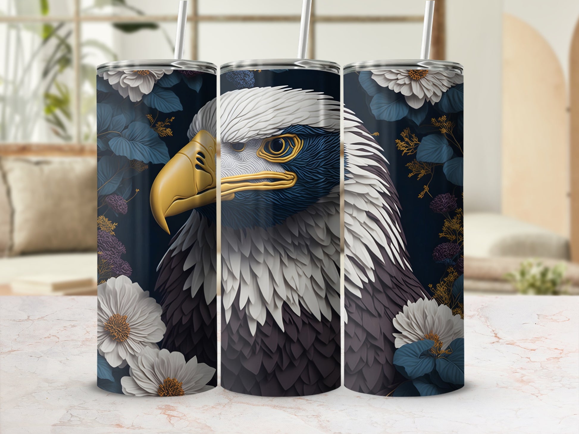 Triptych of tumblers featuring a detailed eagle portrait with floral accents.