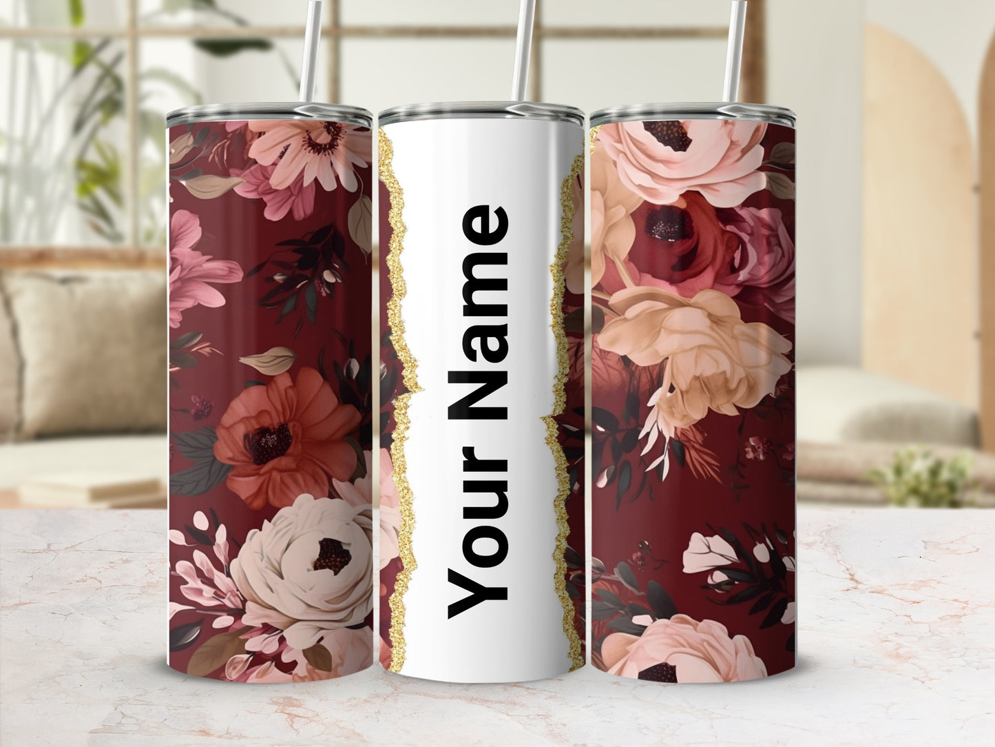 Custom Floral Pattern Tumbler With Your Name Design