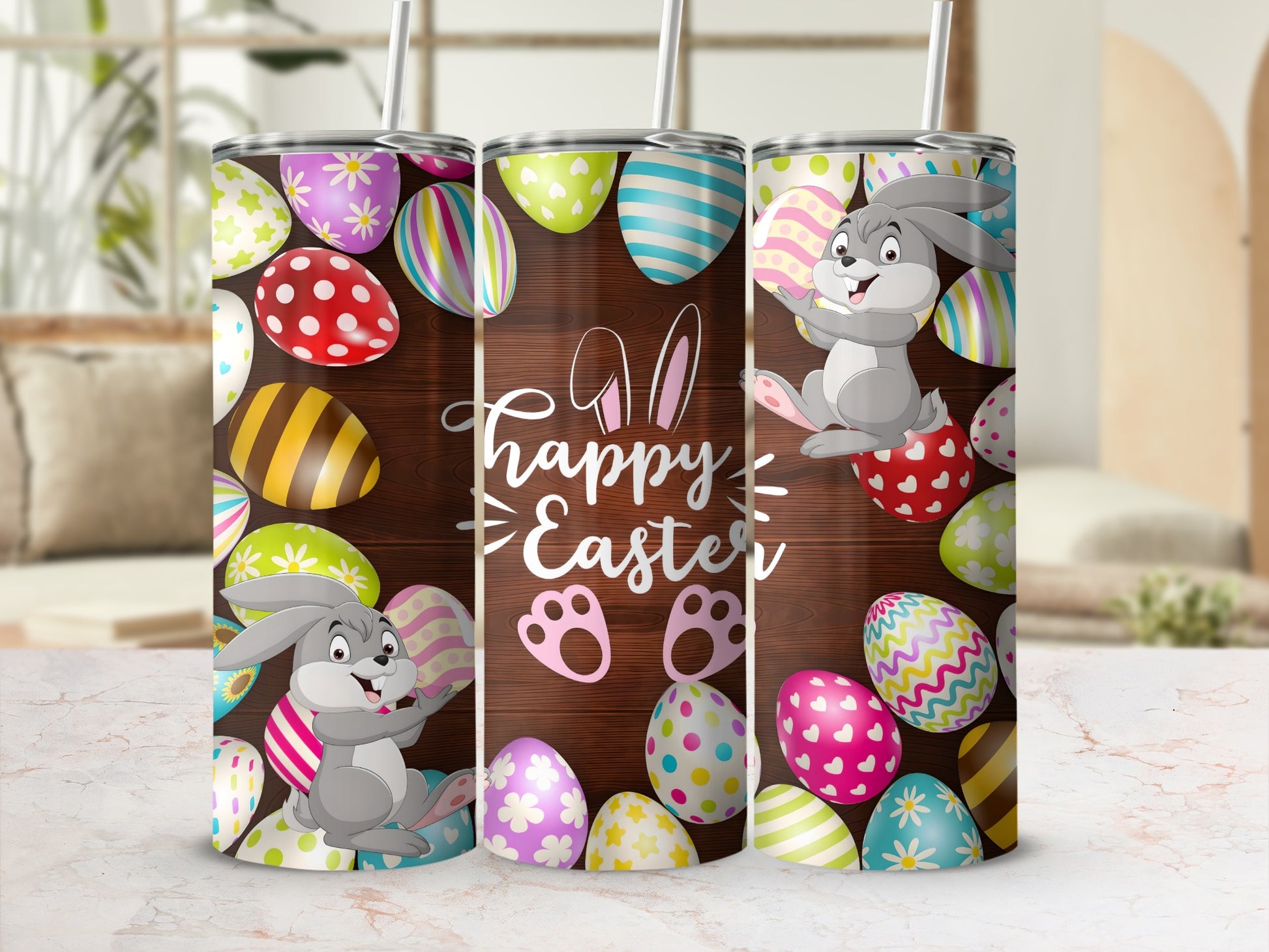 Happy Easter Bunny and Eggs Design Tumbler Cup