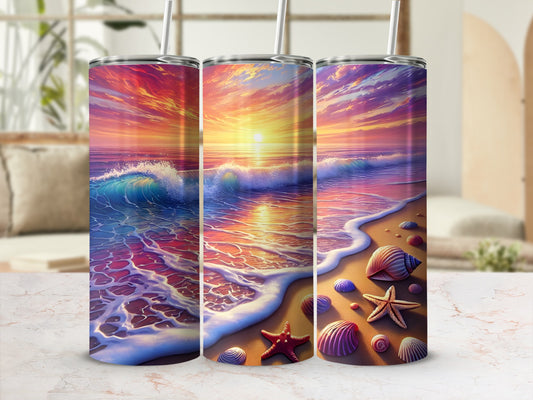 Sunset beach scene with waves, shells, and starfish on a tumbler.