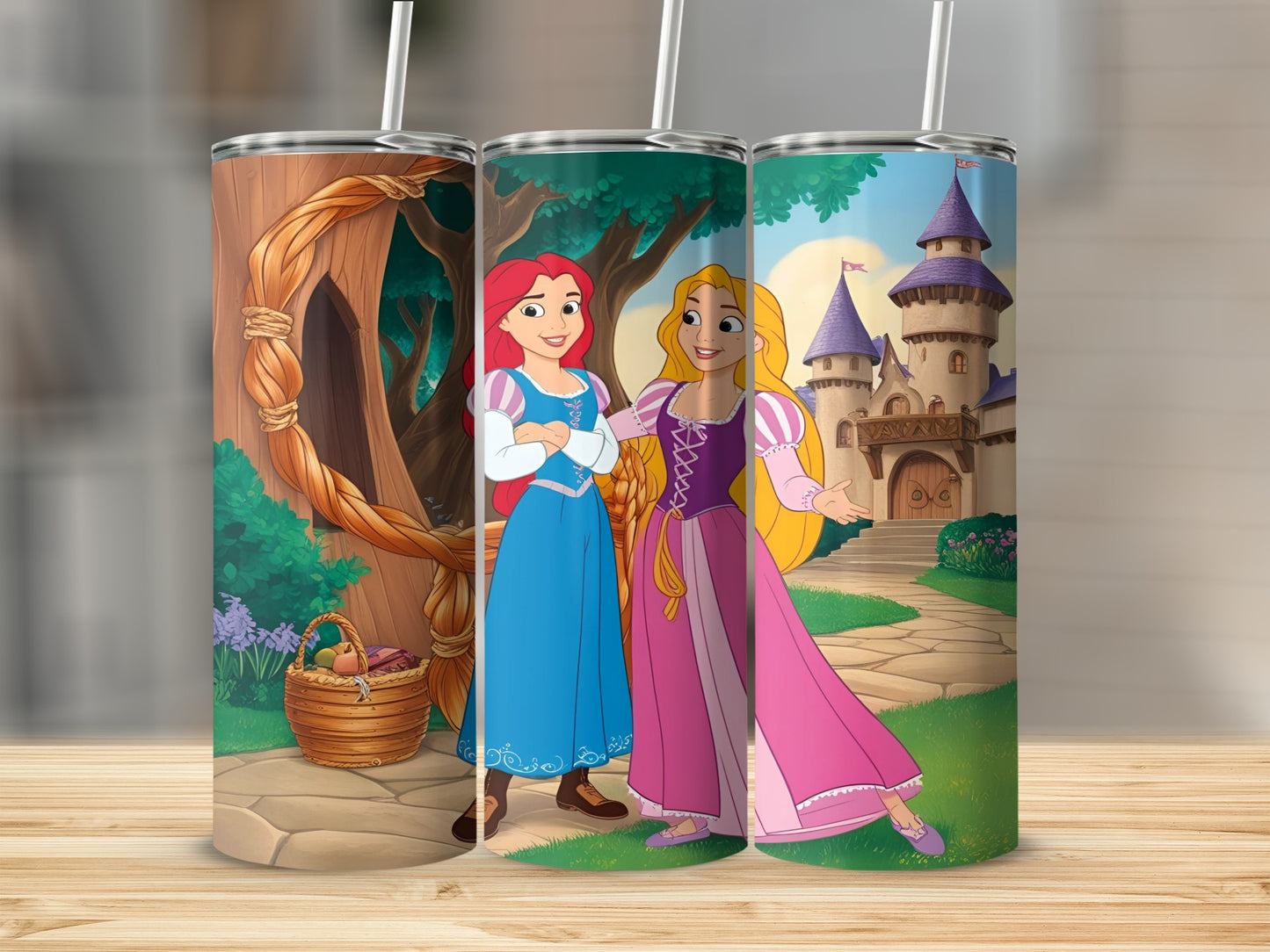 Tangled characters Rapunzel and Ariel in front of a castle and forest setting.