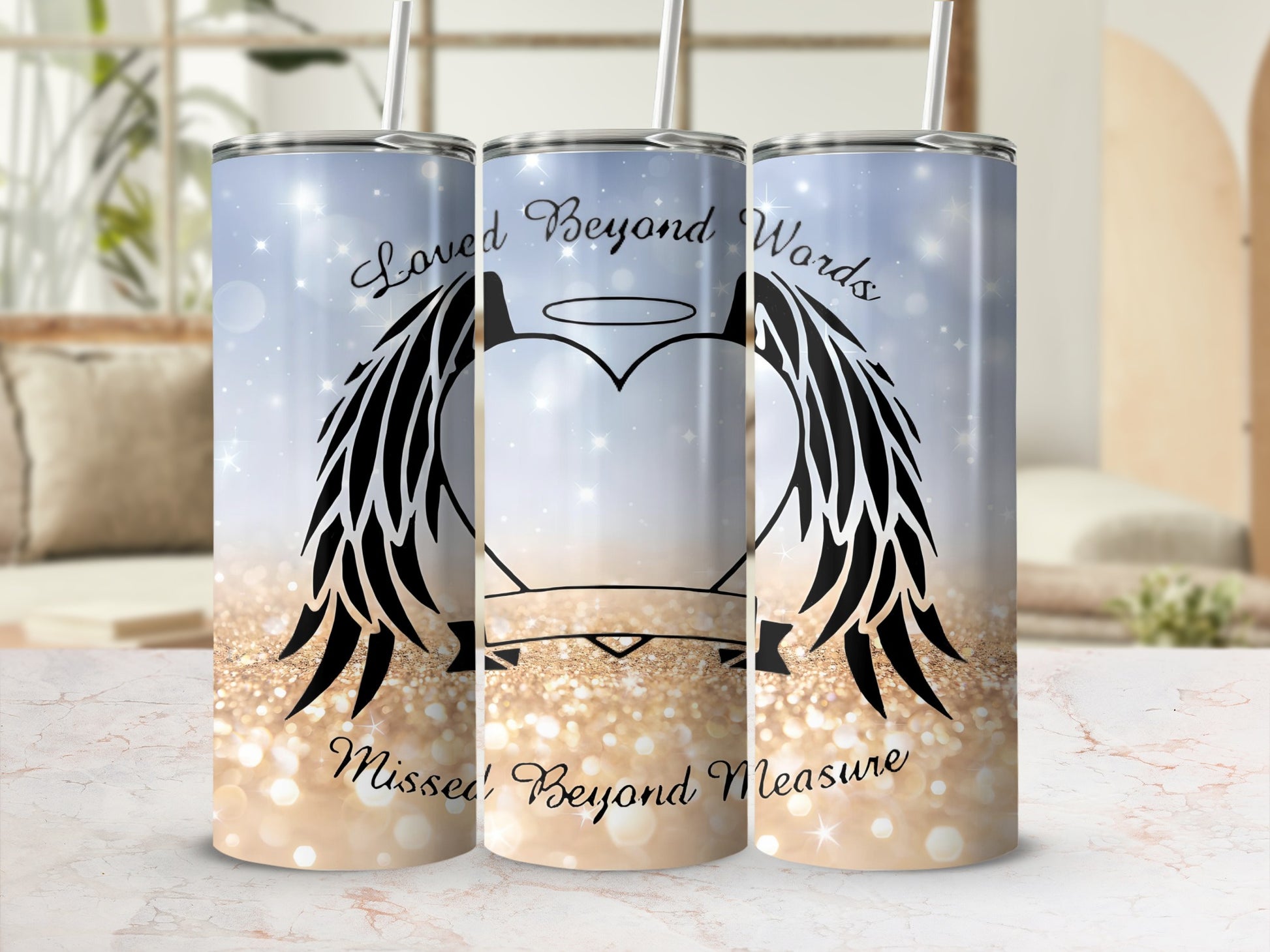 Tumblers with "Loved Beyond Words" and "Missed Beyond Measure" text and angelic wings.