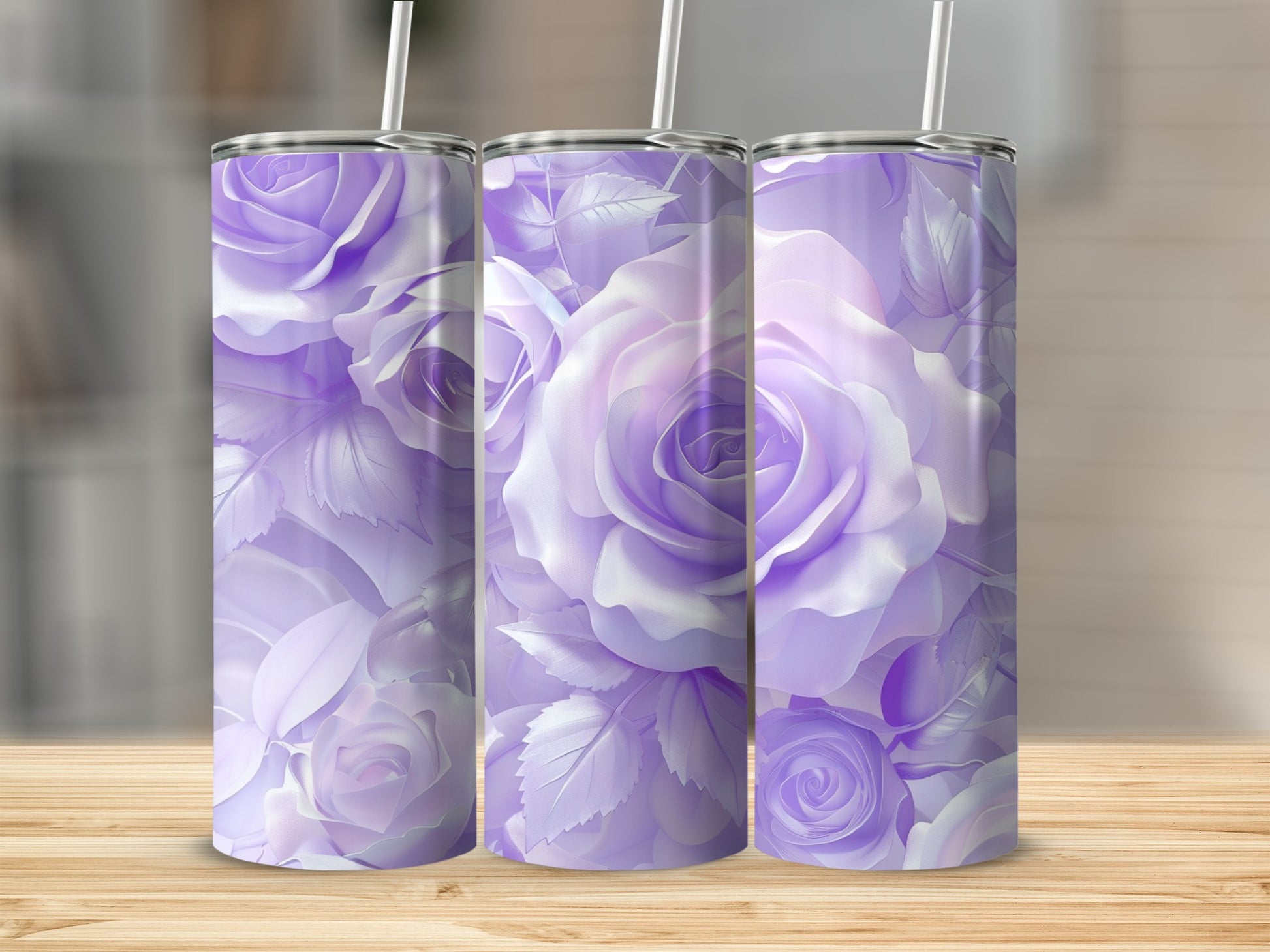 Three tumblers featuring a pattern of pale purple roses and leaves.