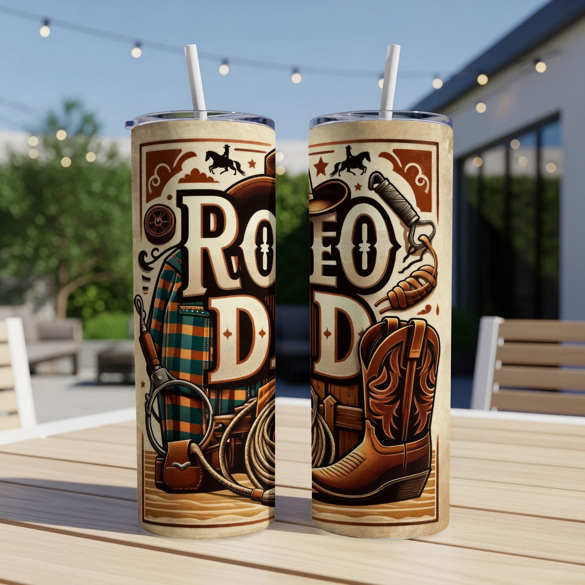 Two tumblers with "Rodeo Dad" and western graphics like cowboy boots and hats.