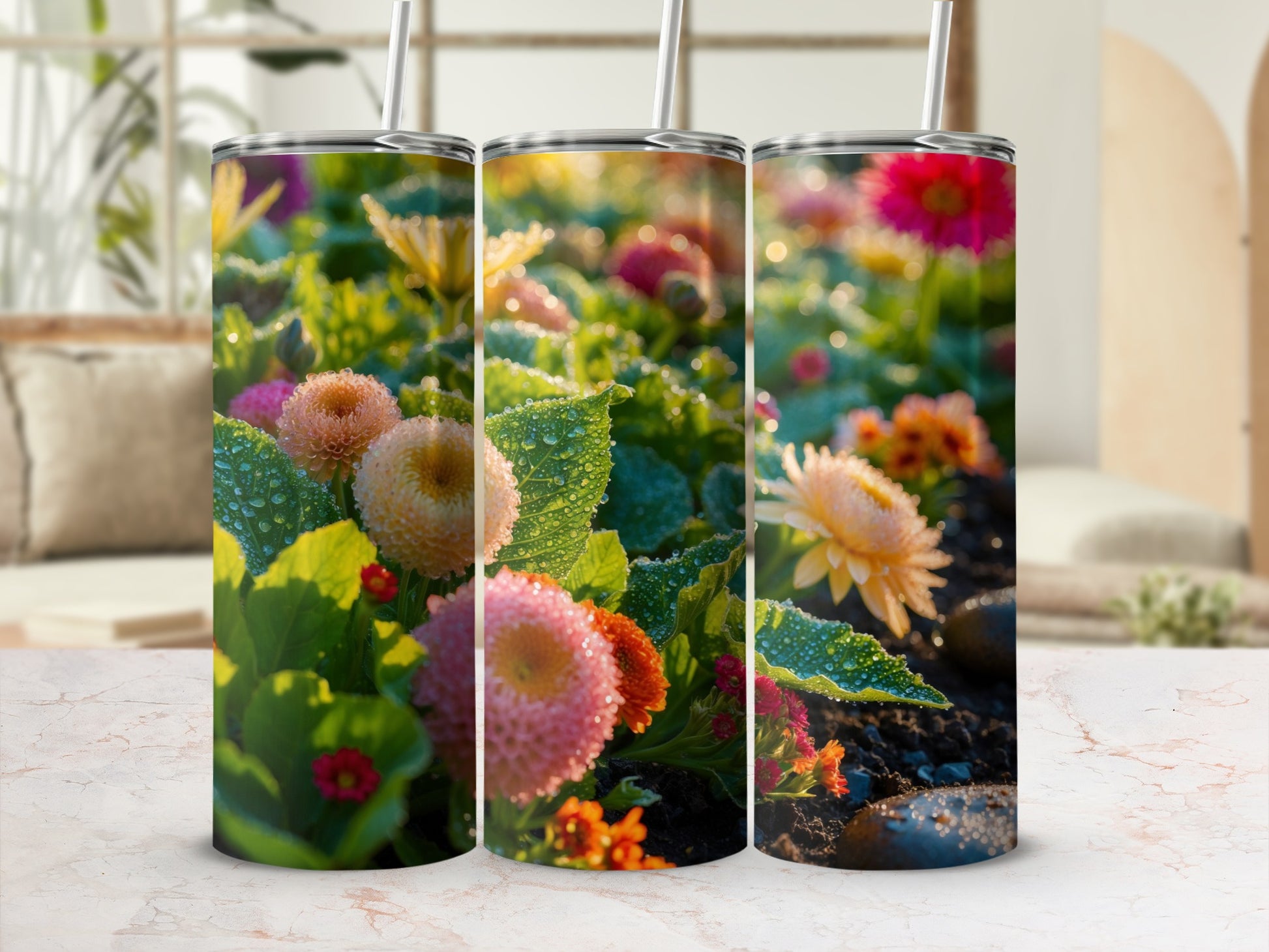 Three tumblers featuring close-ups of dew-kissed orange and pink dahlia flowers.