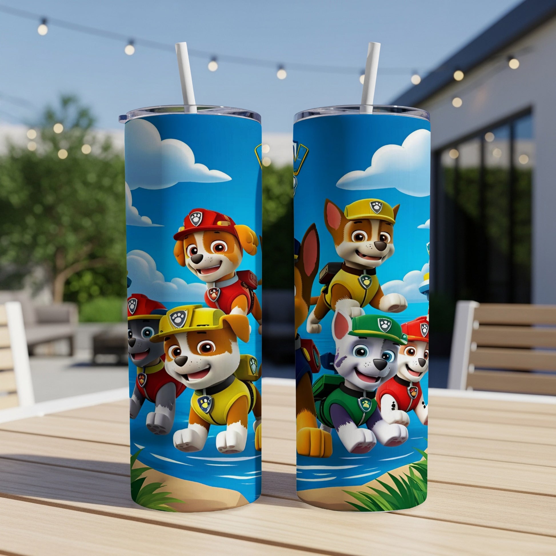 Paw Patrol characters on a blue tumbler with straws.