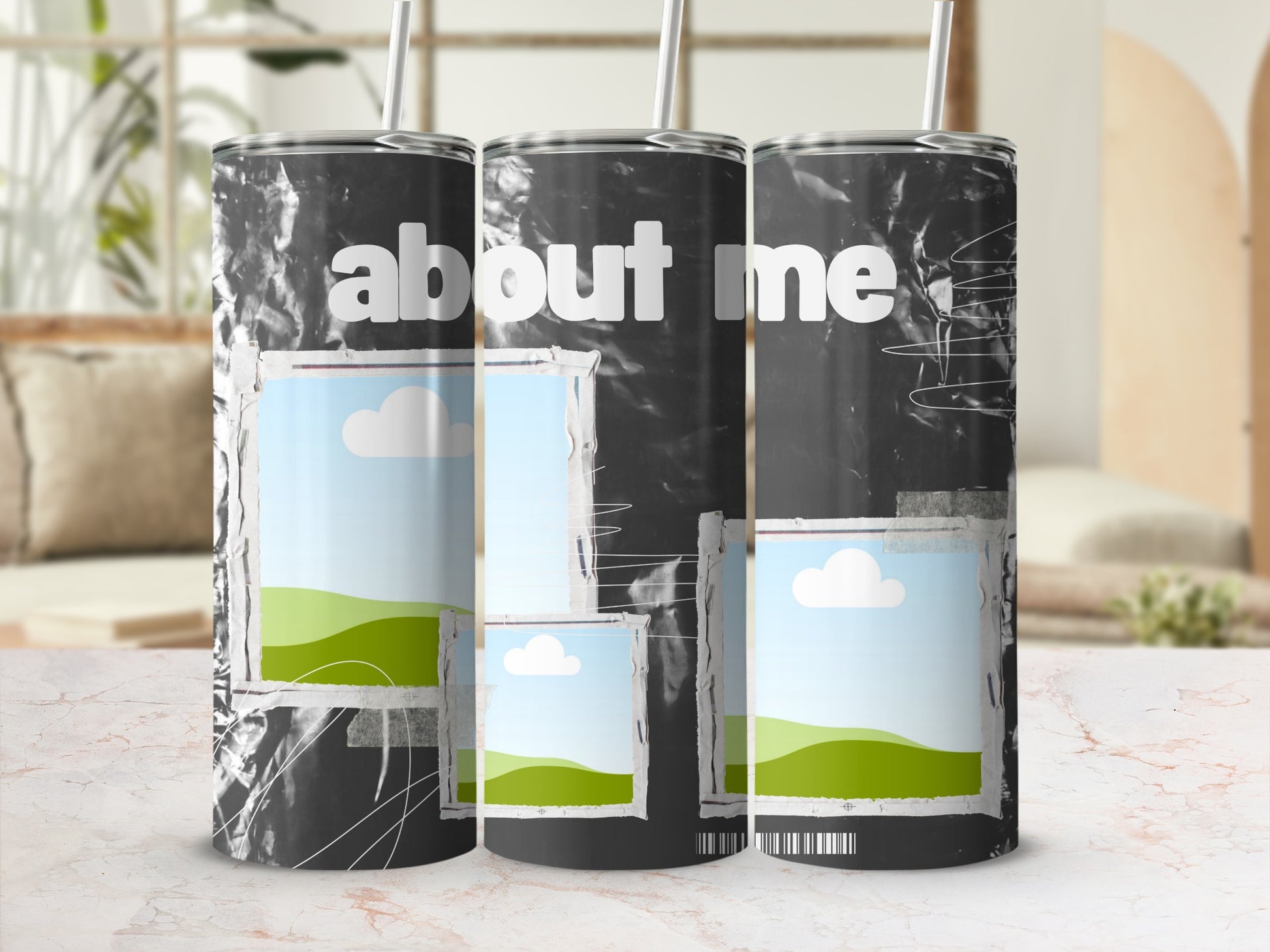 Tumblers with "about me" text and collage of landscape photos.
