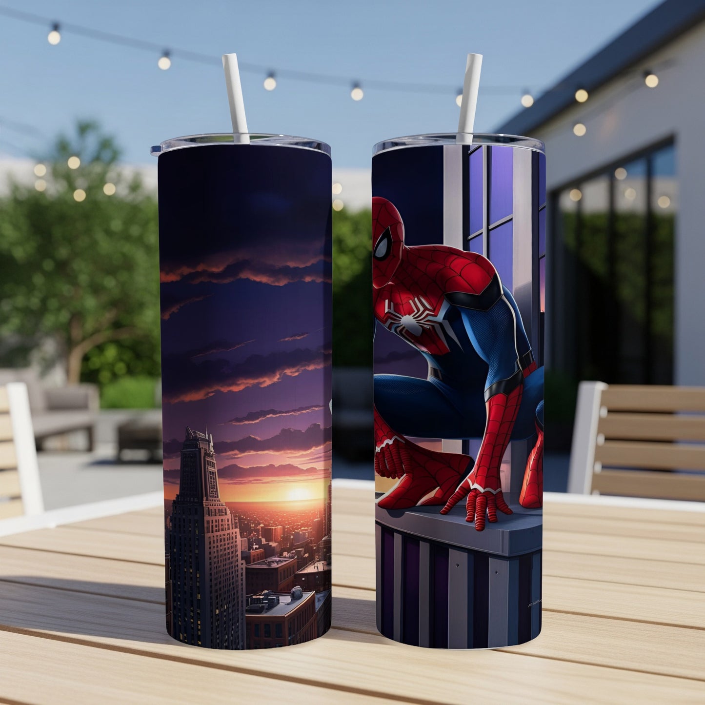 Spider-Man crouches on a rooftop overlooking a city at sunset.
