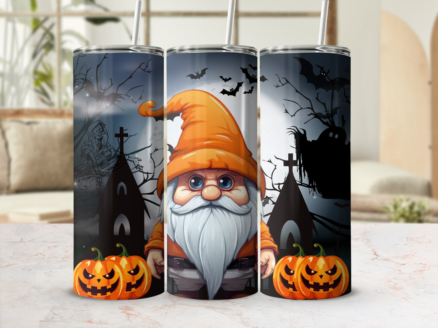 Halloween Gnome with Pumpkins and Ghosts Tumbler Cup
