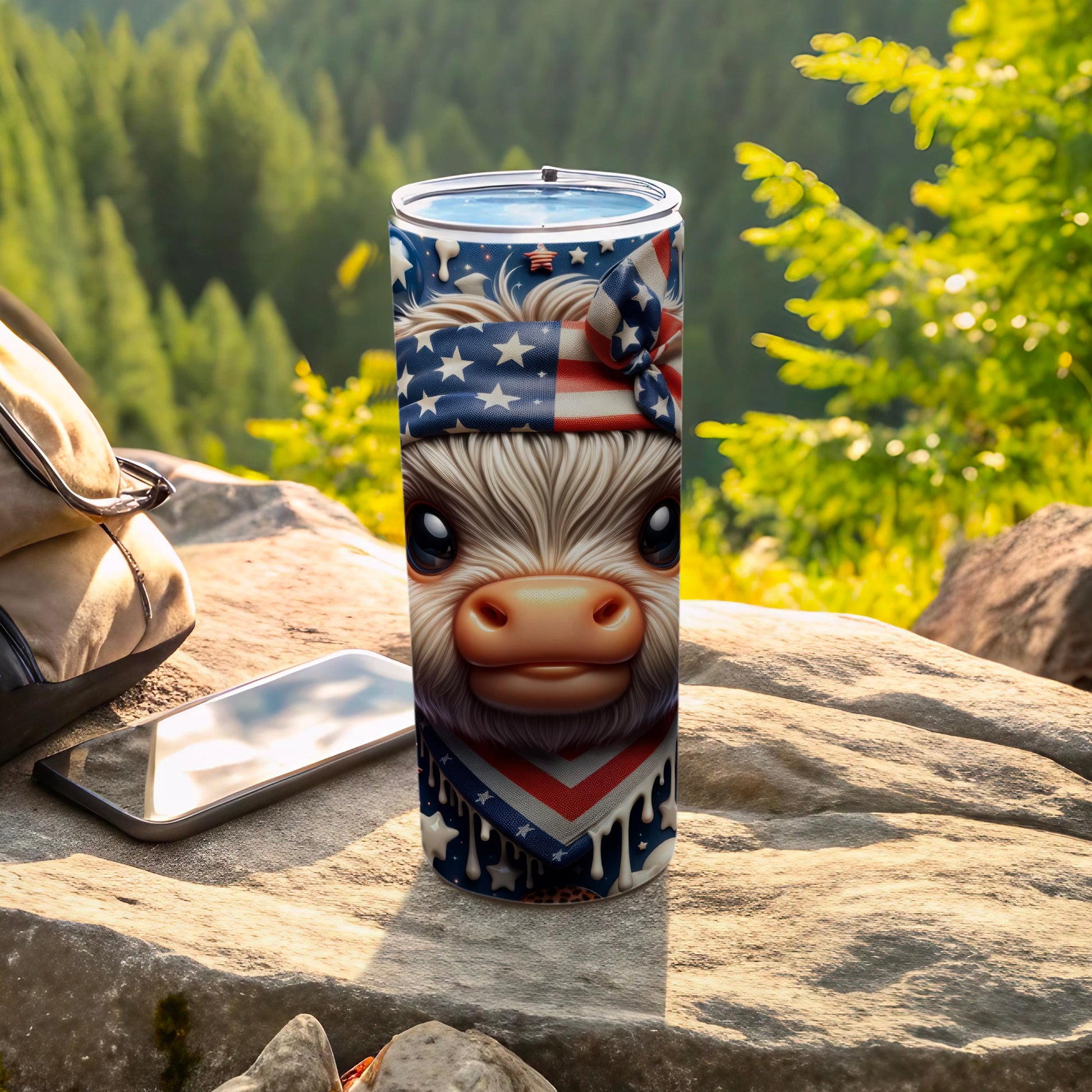 Cow wearing patriotic bandana and bow on tumbler cup.