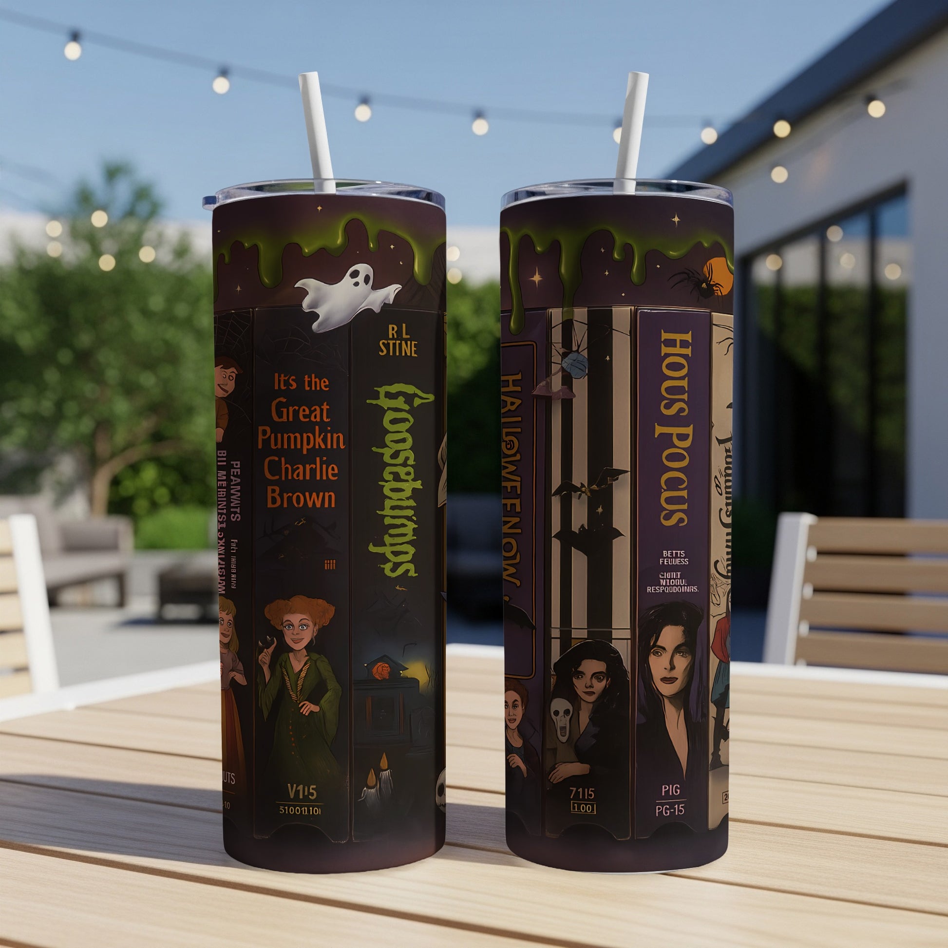 Tumbler with Goosebumps, Hocus Pocus, and Halloween artwork, and cartoon characters.