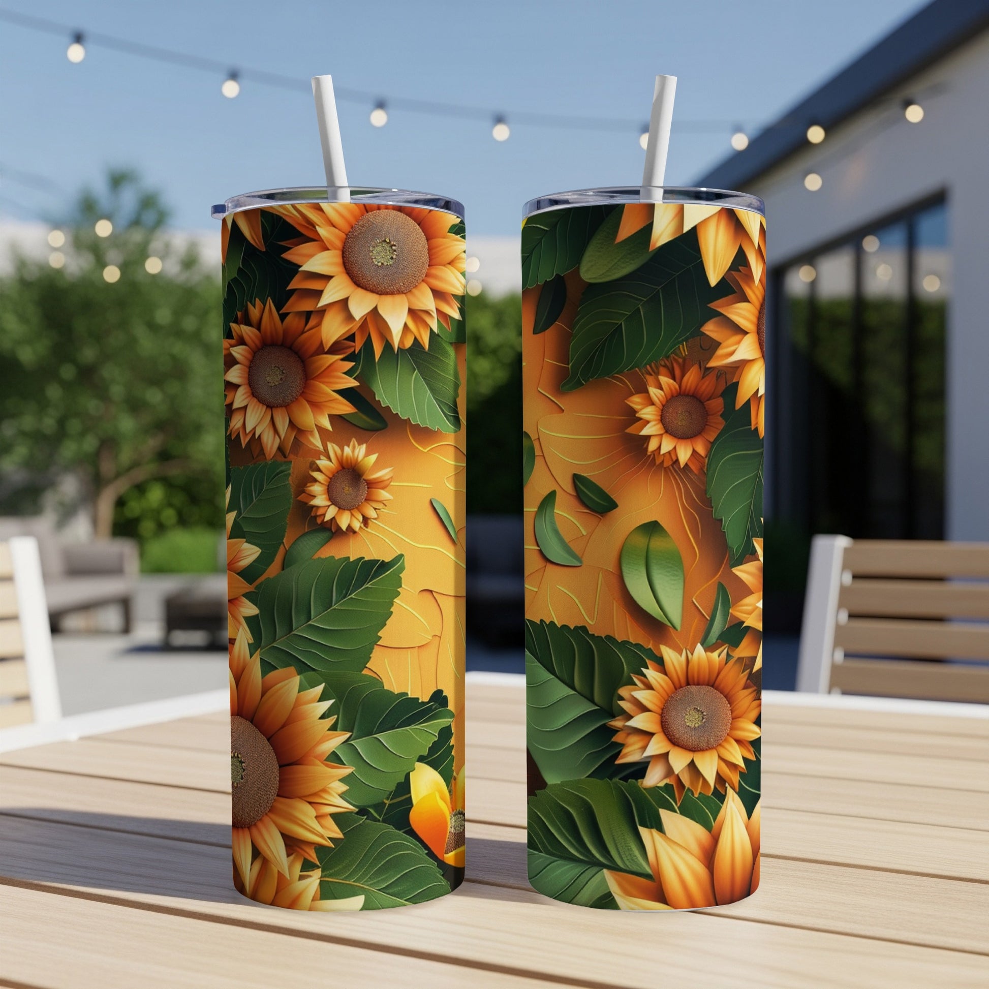 Two tumblers featuring sunflower and leaf pattern on a wooden table.