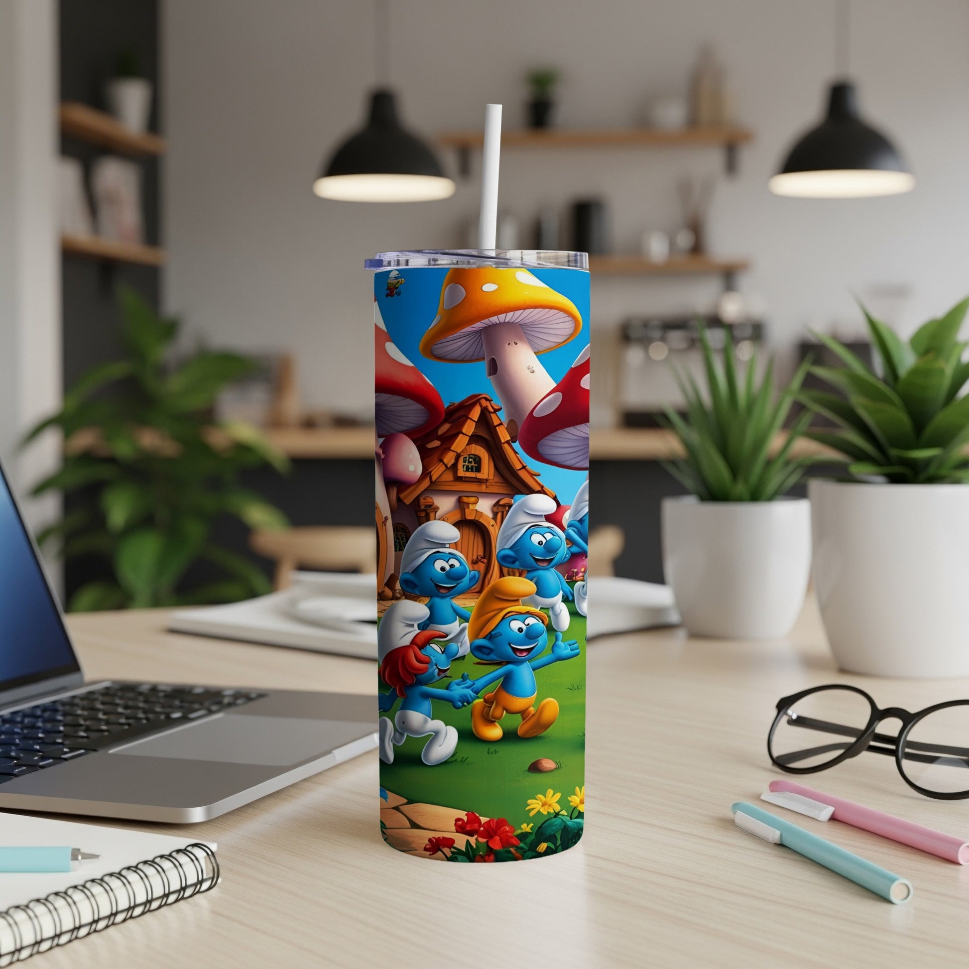 Smurfs gathered outside mushroom houses, with a laptop and office supplies.