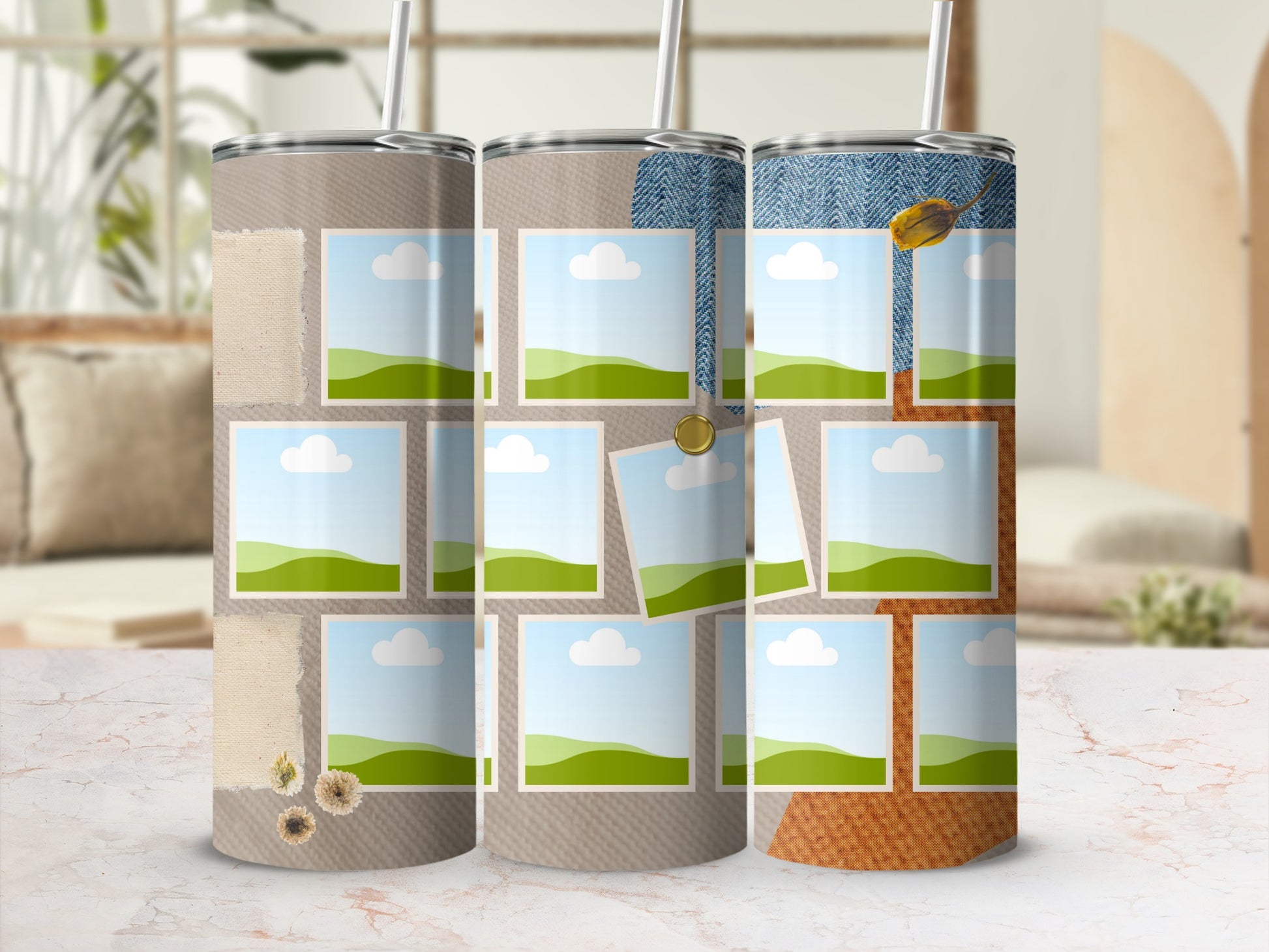 Three tumblers with a collage design of small landscape photos and fabric textures.
