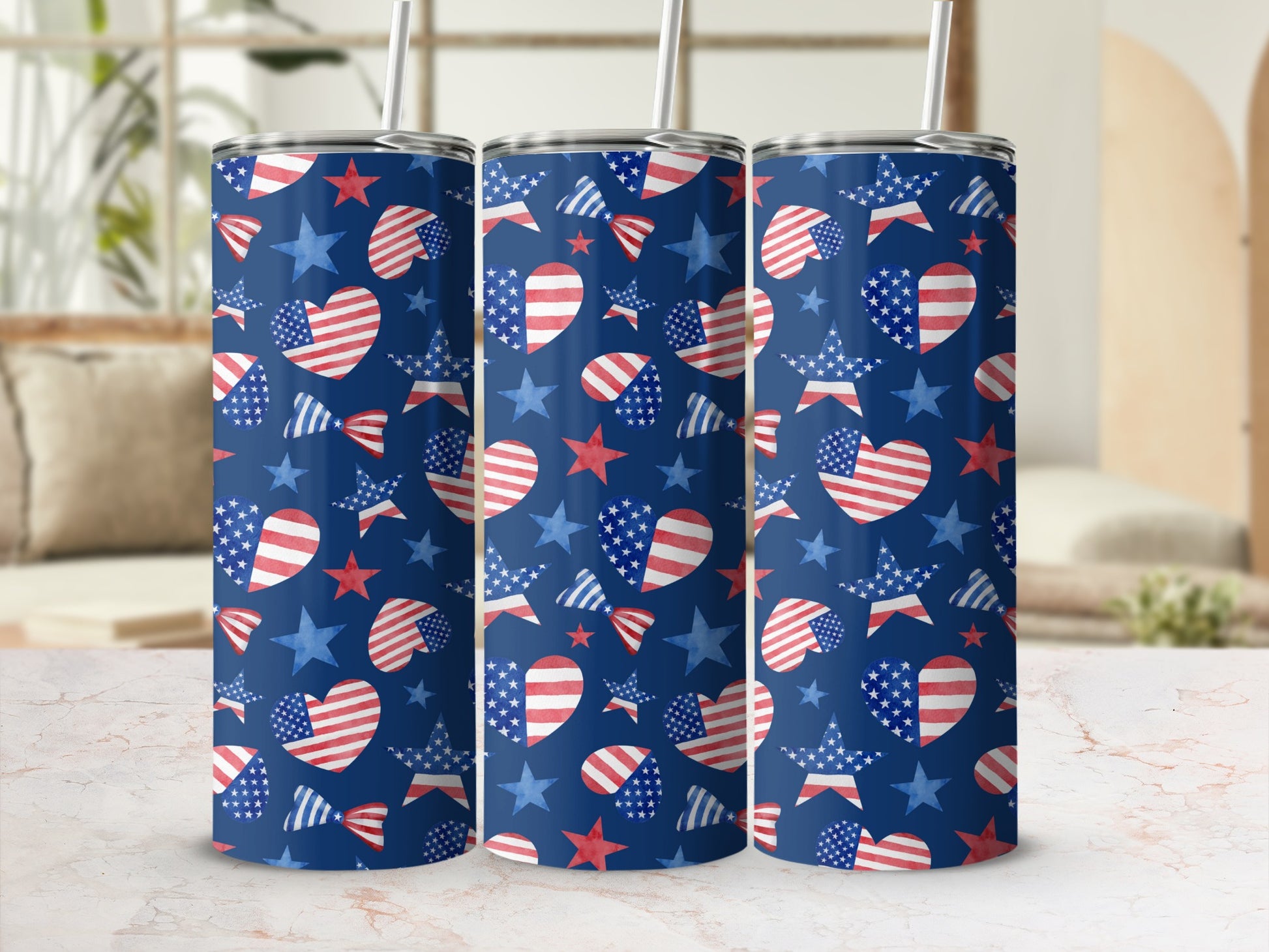 Tumbler with red, white, and blue stars and hearts pattern.