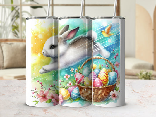 Easter bunny and decorated eggs in a basket, with flowers and a bird.