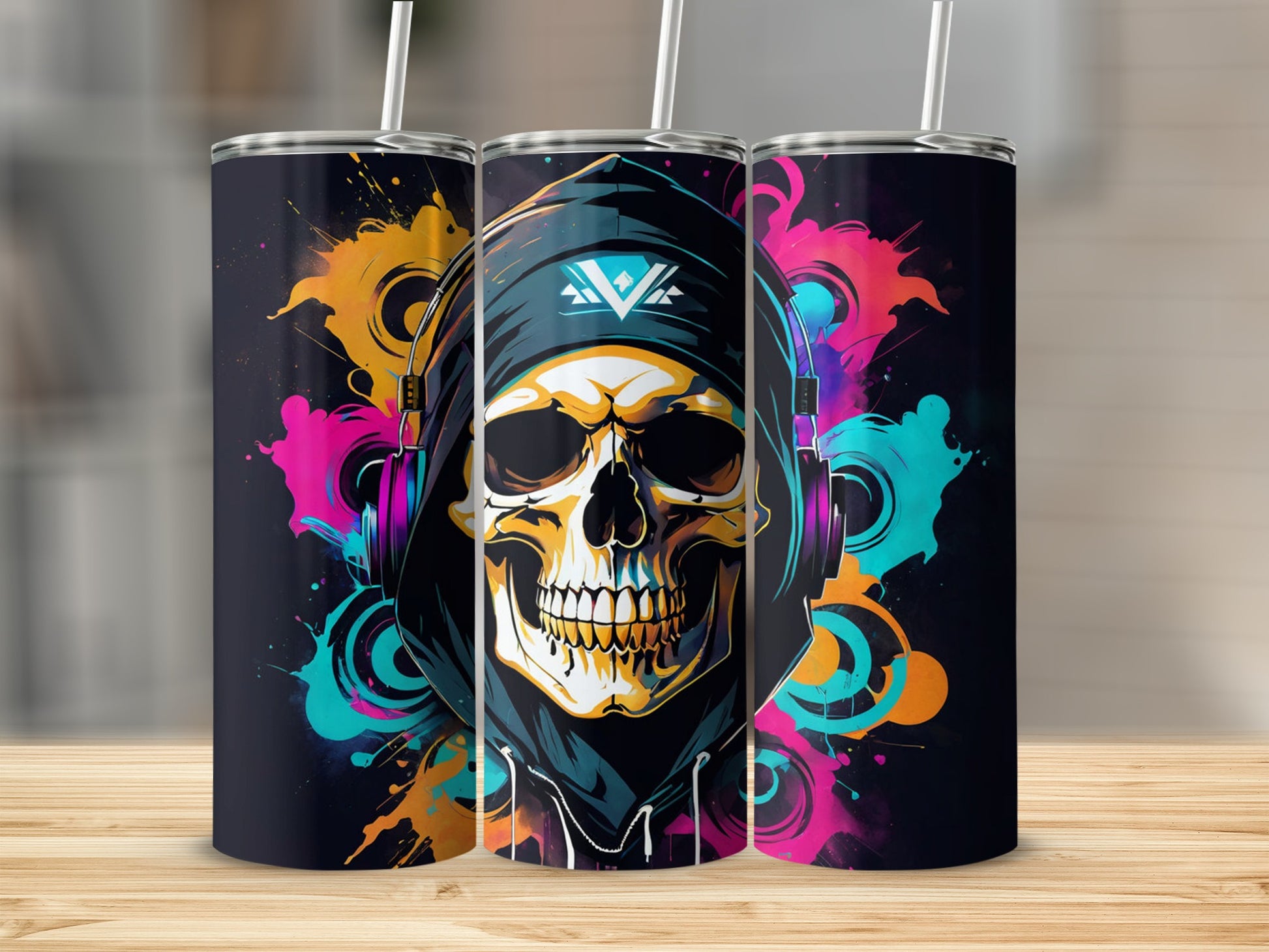 Vibrant Skull with Headphones Neon Art Tumbler